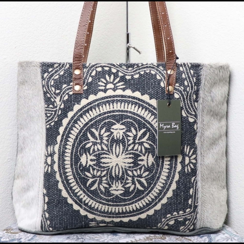 Myra Bag Navy and Cream Mandala Tote with Brown Handles